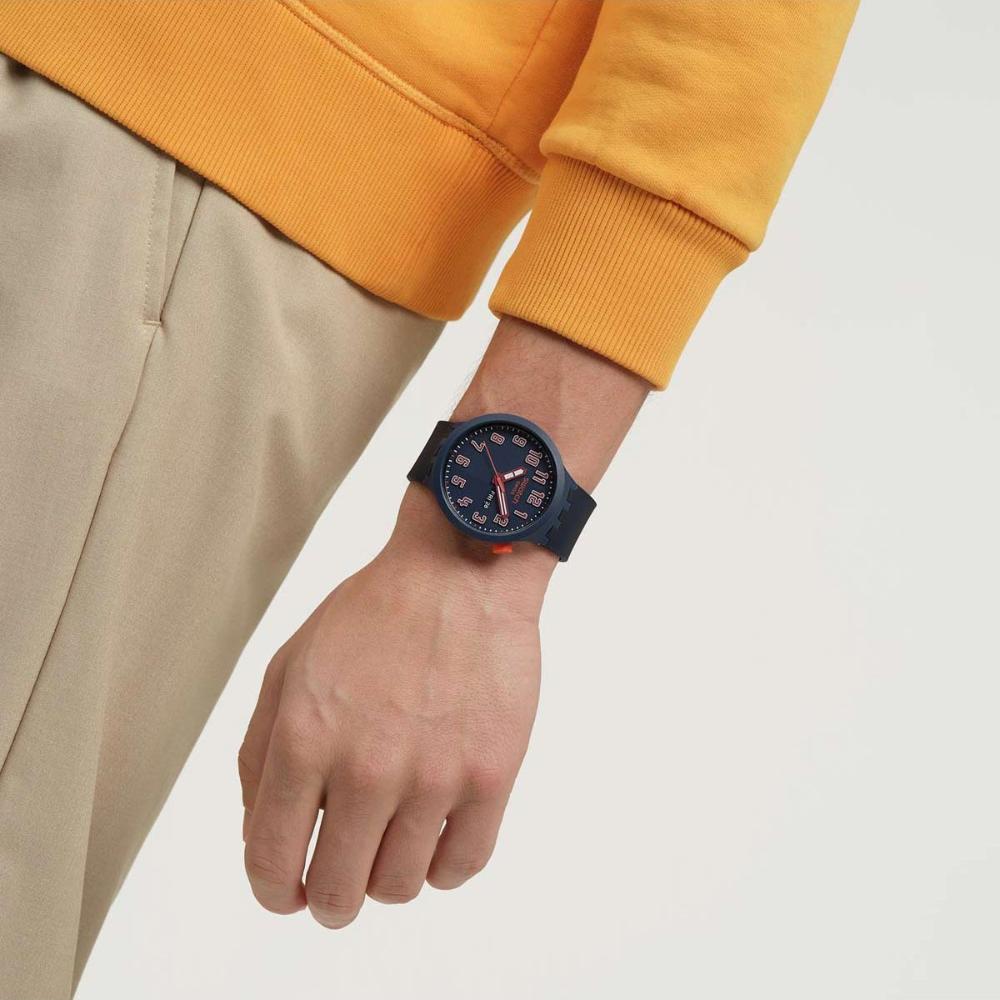 SWATCH Essentials Essentially Confident Three Hands 47mm Blue and Orange Silicon Strap SB01S700