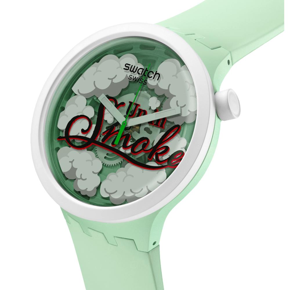 SWATCH Big Bold Bioceramic Up In Smoke 47mm Green Silicone Strap SB03Z103