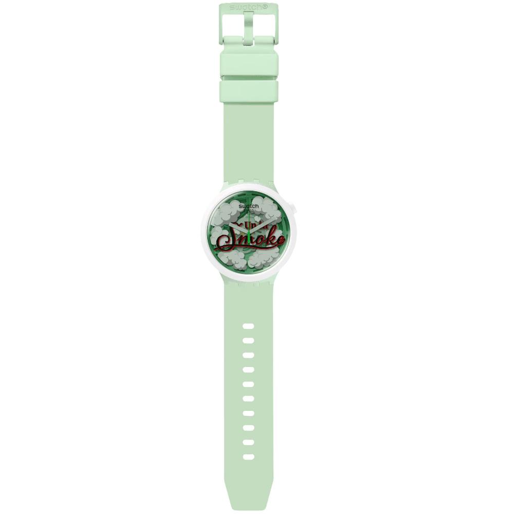 SWATCH Big Bold Bioceramic Up In Smoke 47mm Green Silicone Strap SB03Z103