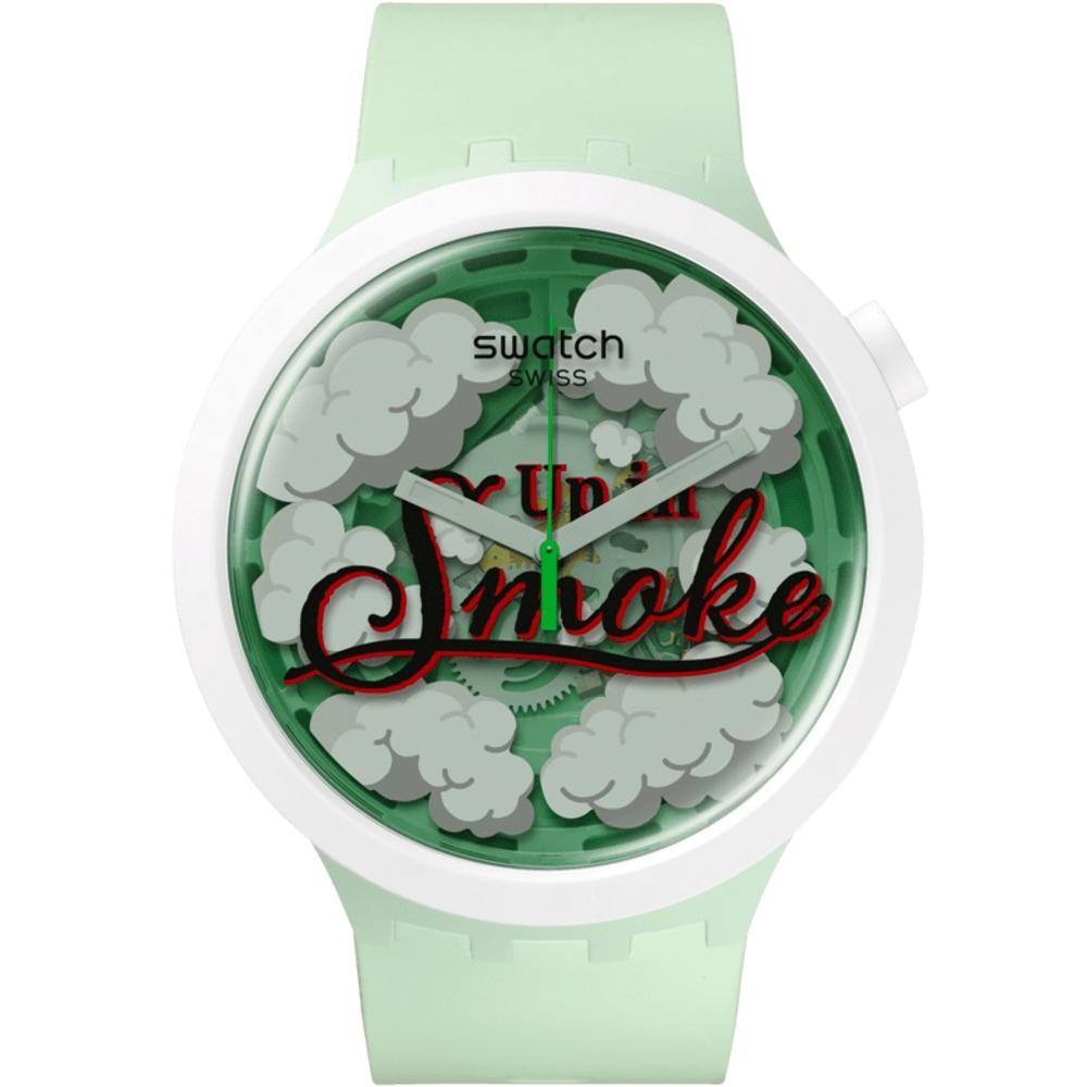 SWATCH Big Bold Bioceramic Up In Smoke 47mm Green Silicone Strap SB03Z103