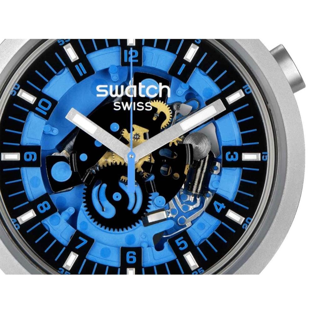 SWATCH Big Bold Irony Azure Blue Daze 47mm Silver Stainless Steel Blue Rubber Strap SB07S106