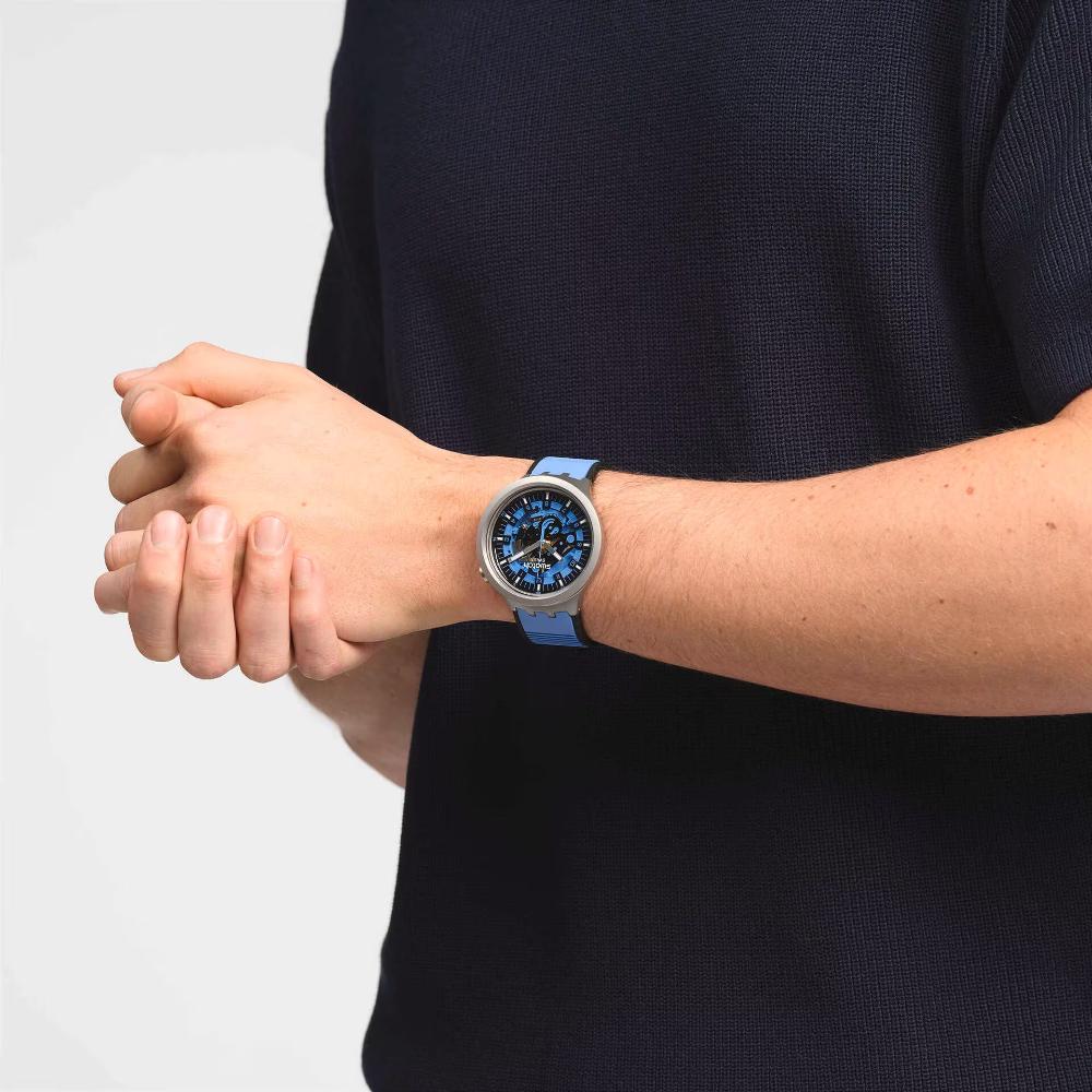 SWATCH Big Bold Irony Azure Blue Daze 47mm Silver Stainless Steel Blue Rubber Strap SB07S106