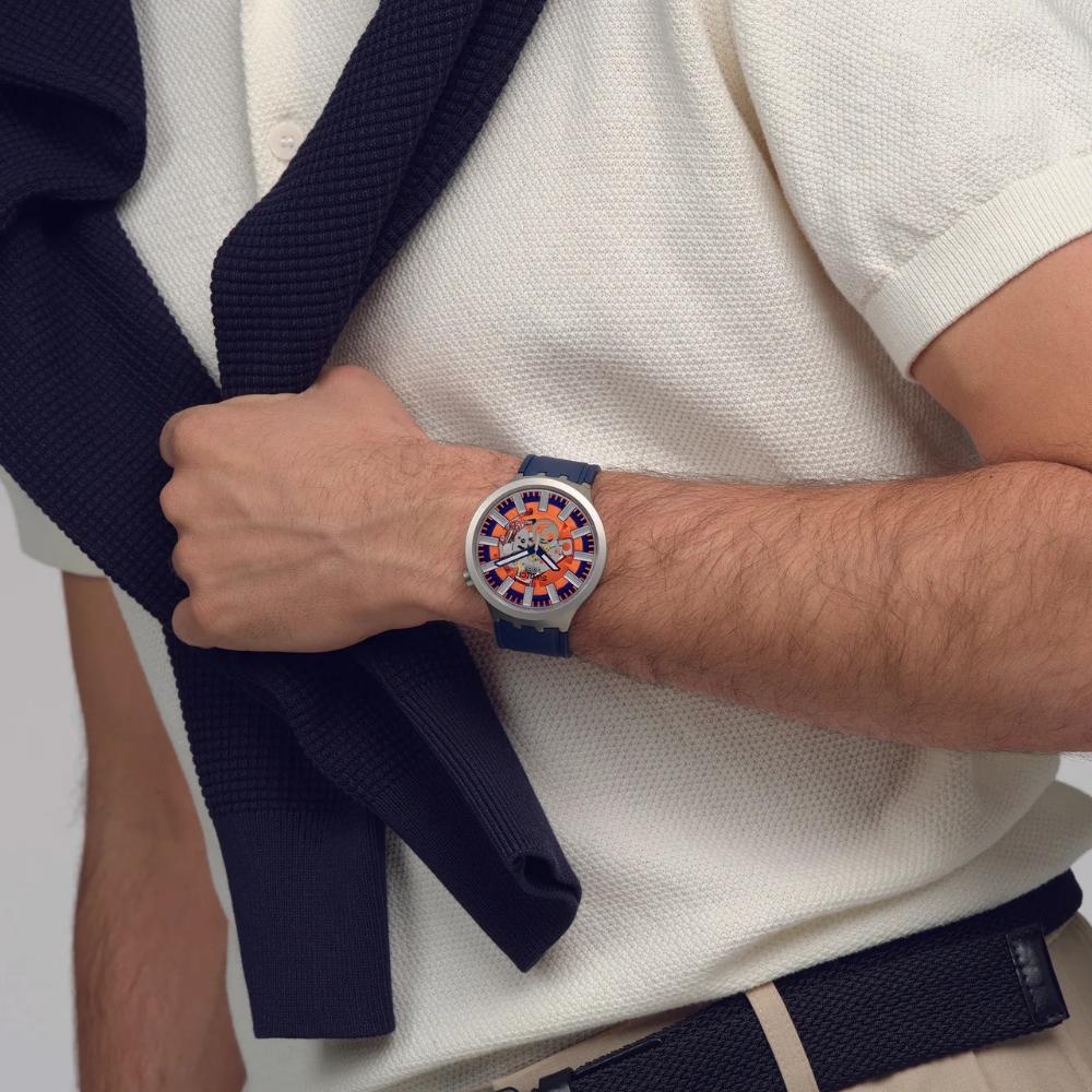 SWATCH Essentials Orange In The Works 47mm Silver Stainless Steel Blue Rubber Strap SB07S114