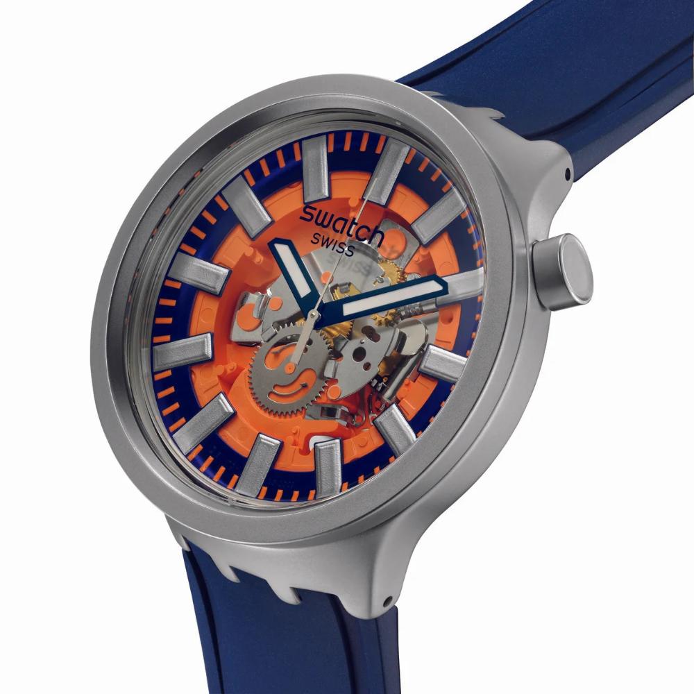 SWATCH Essentials Orange In The Works 47mm Silver Stainless Steel Blue Rubber Strap SB07S114