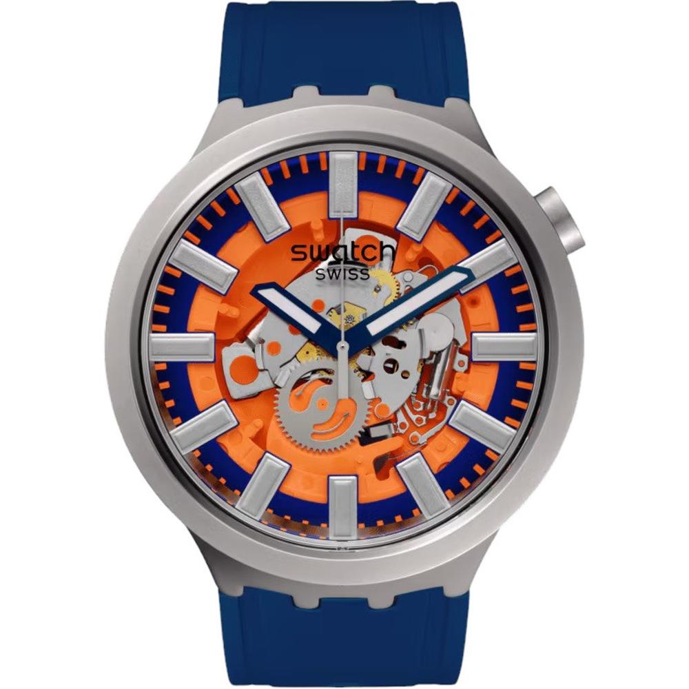 SWATCH Essentials Orange In The Works 47mm Silver Stainless Steel Blue Rubber Strap SB07S114