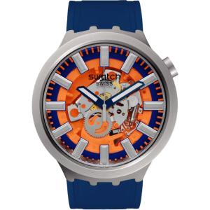 SWATCH Essentials Orange In The Works 47mm Silver Stainless Steel Blue Rubber Strap SB07S114 - 47497
