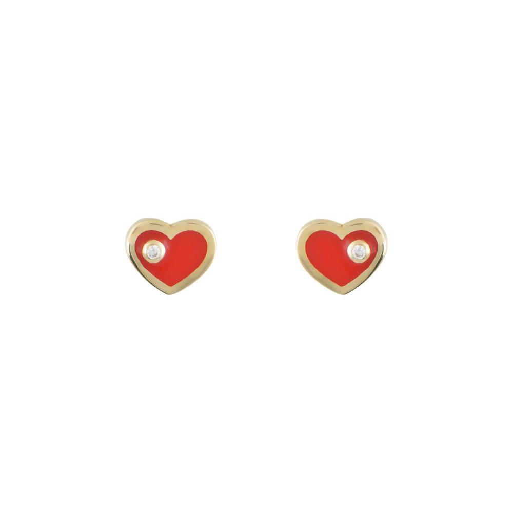 EARRINGS Hearts Yellow Gold K9 with Red Enamel Zircon Stones SKR397Y.K9