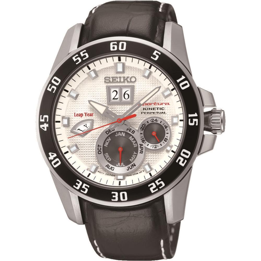 SEIKO Sportura Kinetic Perpetual Calendar 42mm Silver Stainless Steel Black Leather Strap SNP087P1 - 1