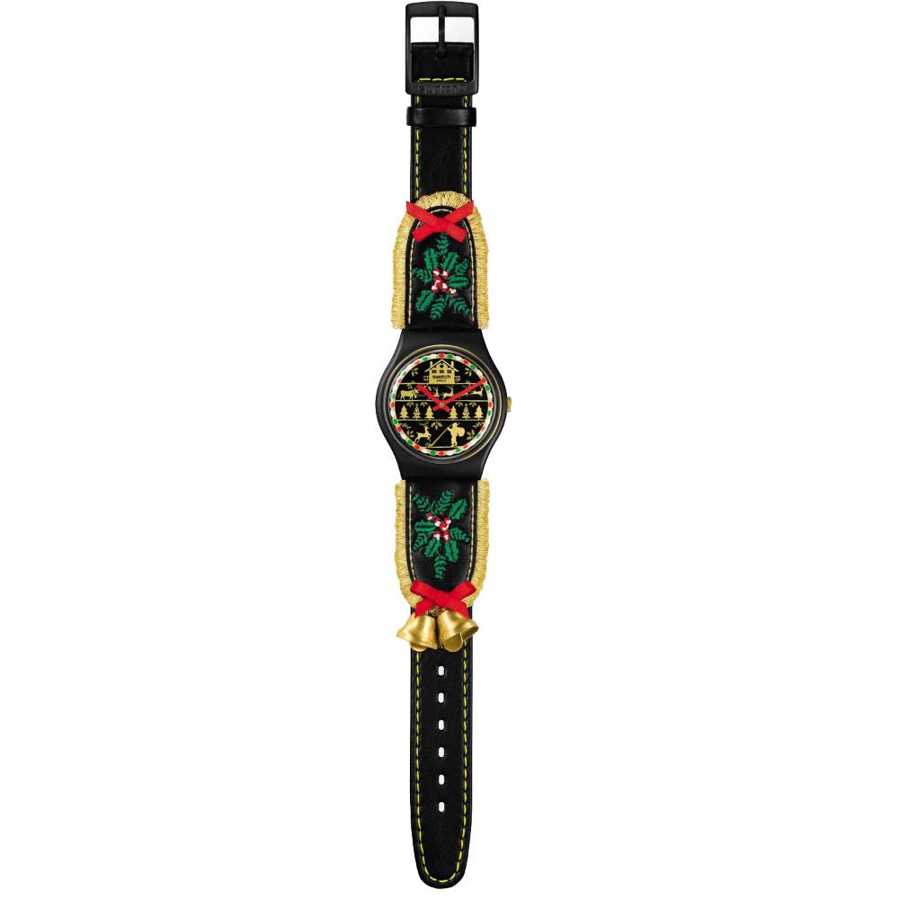 SWATCH Holiday collection Golden Merry 34mm Black Leather Strap SO28B115