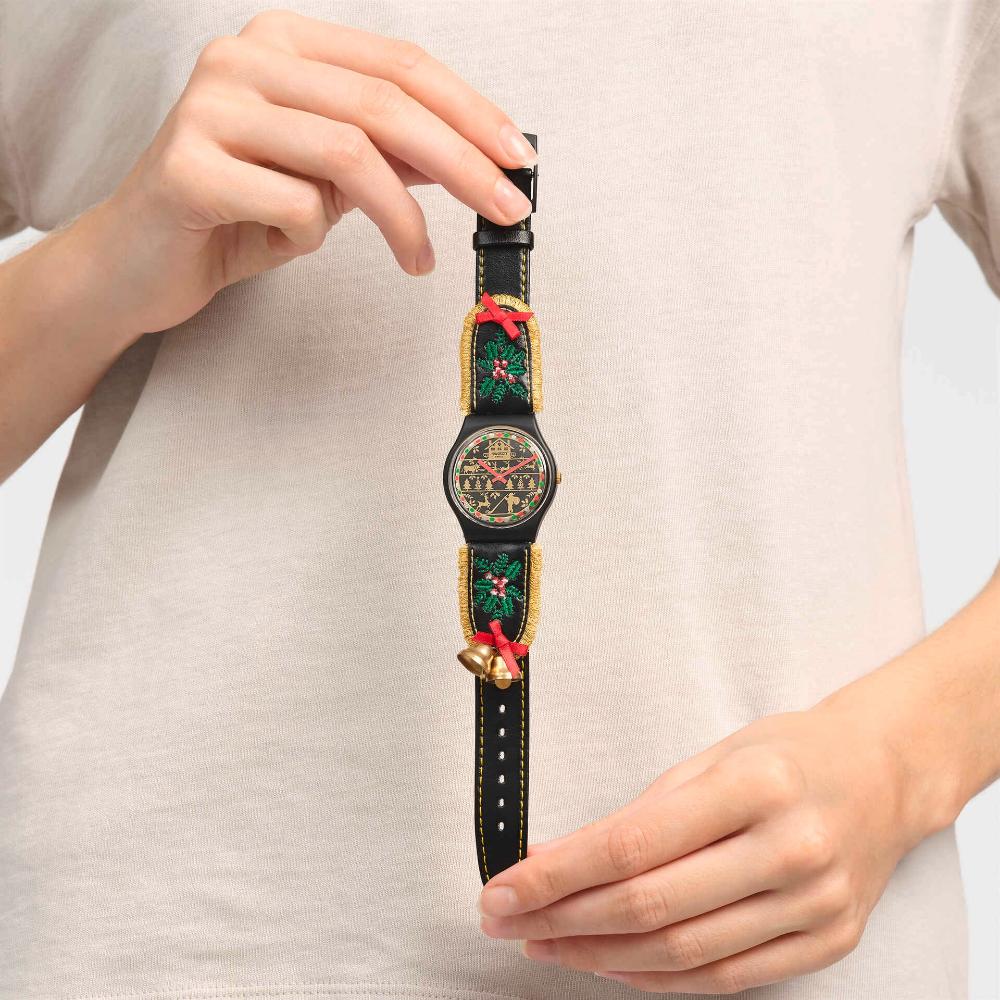 SWATCH Holiday collection Golden Merry 34mm Black Leather Strap SO28B115