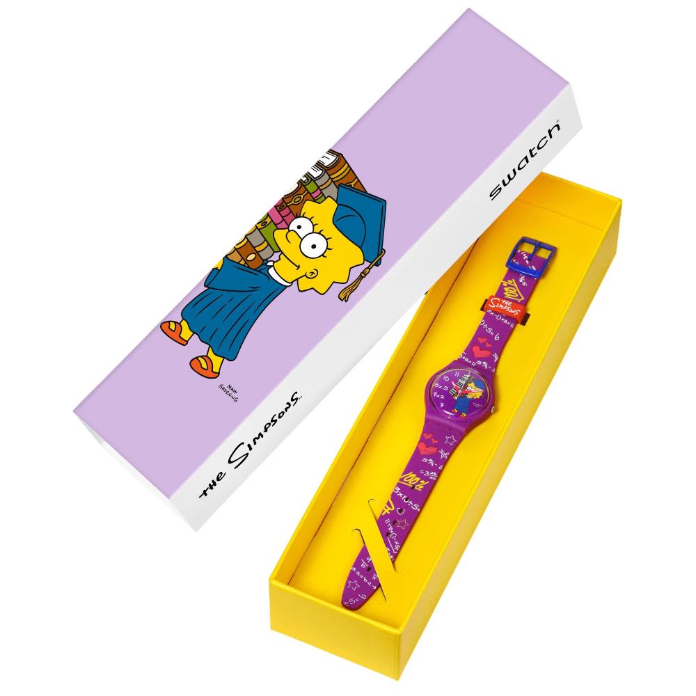 SWATCH The Simpsons Colllection Graduation Day Class Act 34mm Purple Silicon Strap SO28Z118