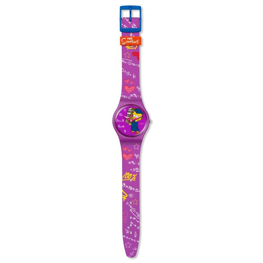 SWATCH The Simpsons Colllection Graduation Day Class Act 34mm Purple Silicon Strap SO28Z118