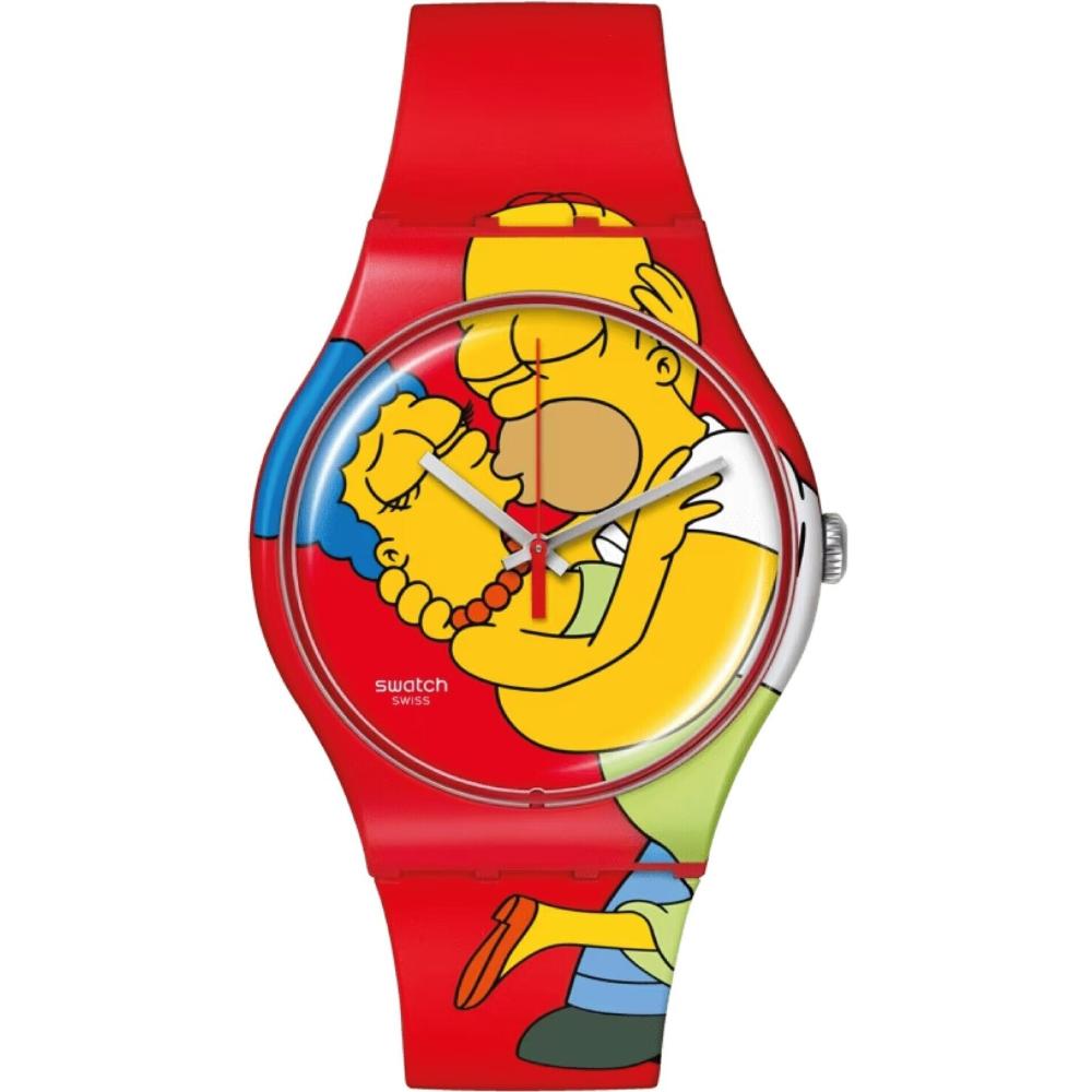 SWATCH The Simpsons Colllection Valentine's Day Sweet Embrace 41mm Red Silicon Strap SO29Z120