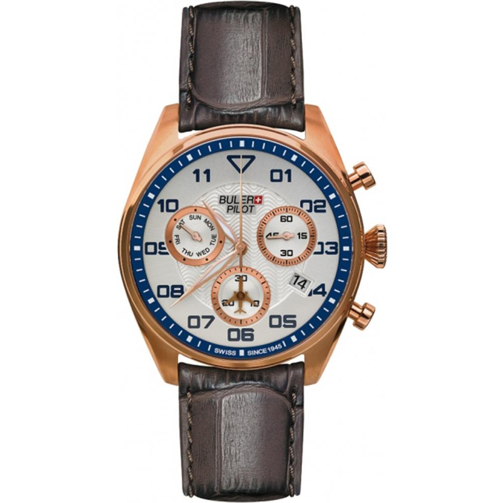 BULER Pilot Chronograph 43mm Rose Gold Stailess Steel Brown Leather Strap SP03CS02