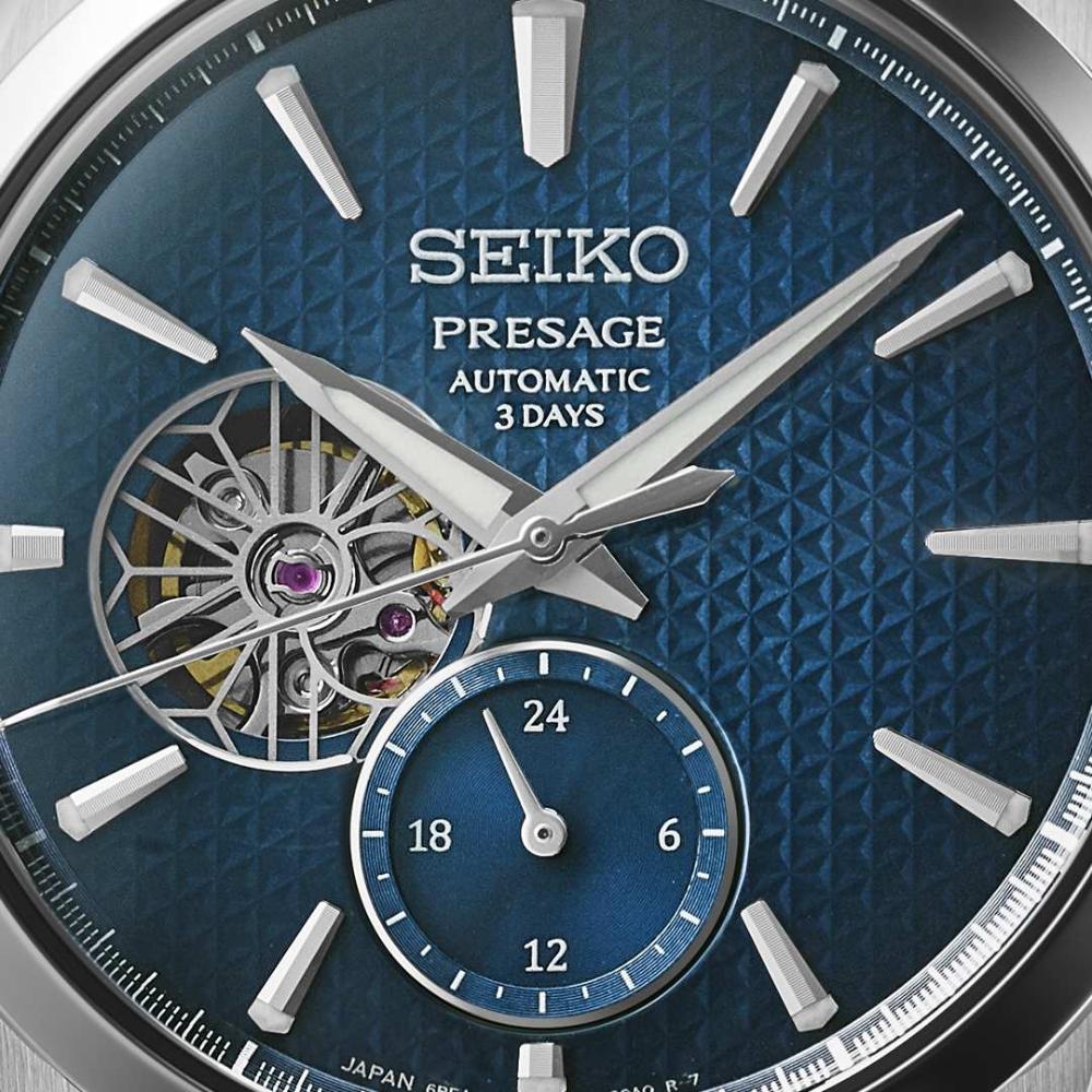 SEIKO Presage Classic Series 'Ao' Sharp-Edged Open heart Automatic Blue Dial 40.2mm Silver Stainless Steel Bracelet SPB417J1