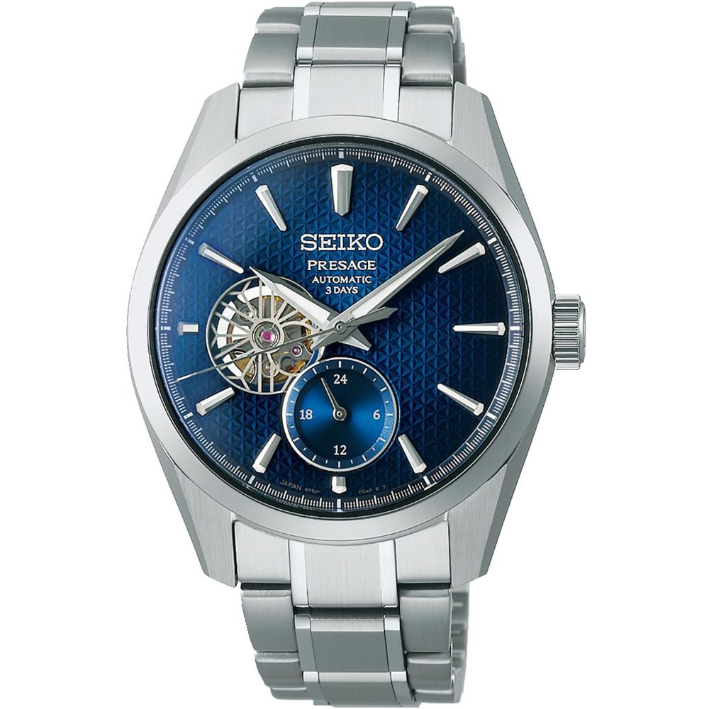 SEIKO Presage Classic Series 'Ao' Sharp-Edged Open heart Automatic Blue Dial 40.2mm Silver Stainless Steel Bracelet SPB417J1