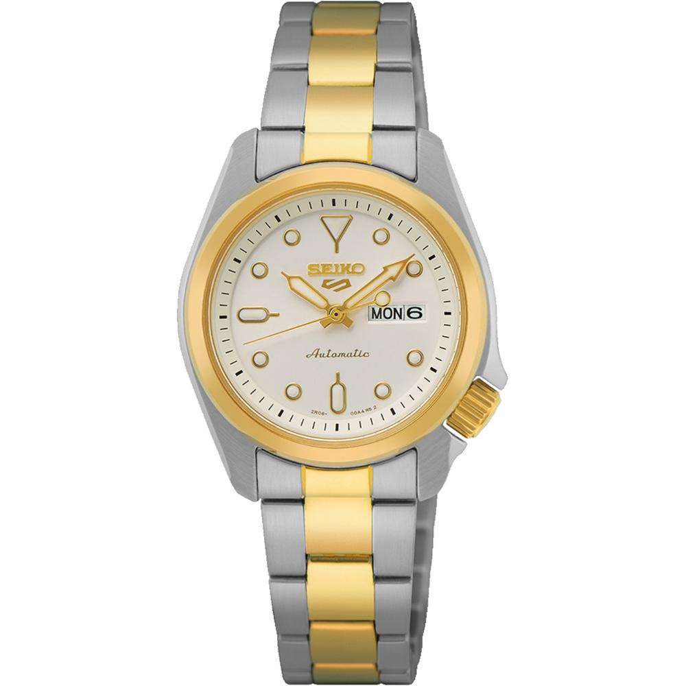 SEIKO 5 Sports 'Compact' Automatic White Dial 28mm Two Tone Gold Stainless Steel Bracelet SRE004K1F