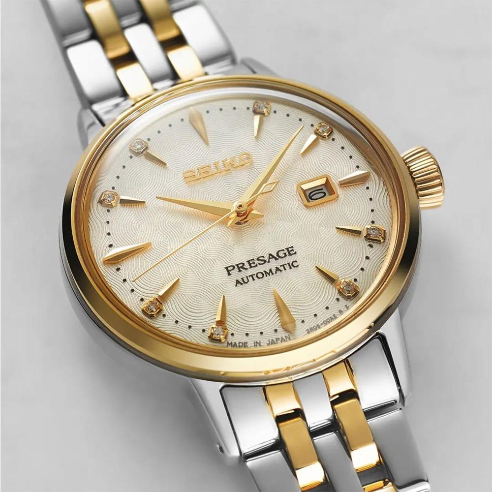 SEIKO Presage Cocktail Time Diamonds 'White Lady' Automatic 30.3mm Silver & Gold Stainless Steel Bracelet SRE010J1