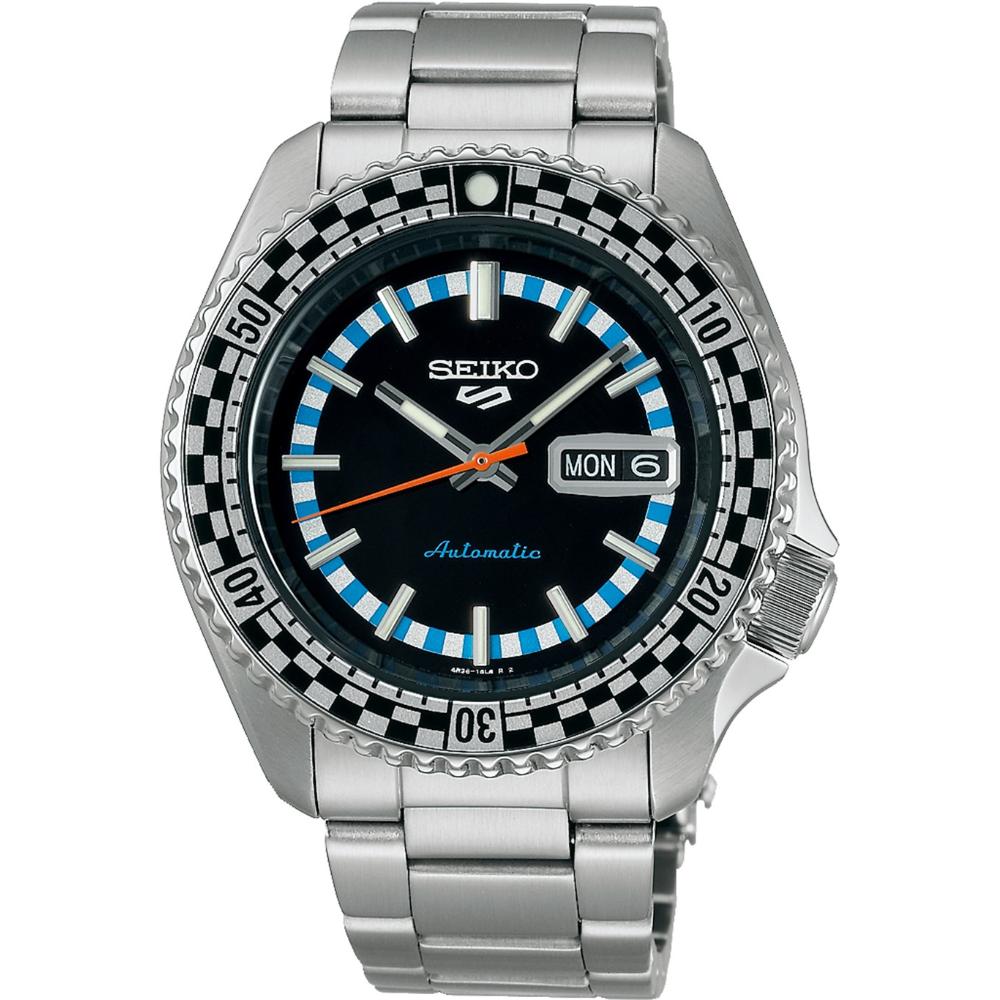 SEIKO 5 Sports Black & White 'Checker Flag' Special Edition Automatic Black Dial 42.5mm Silver Stainless Steel Bracelet SRPK67K1