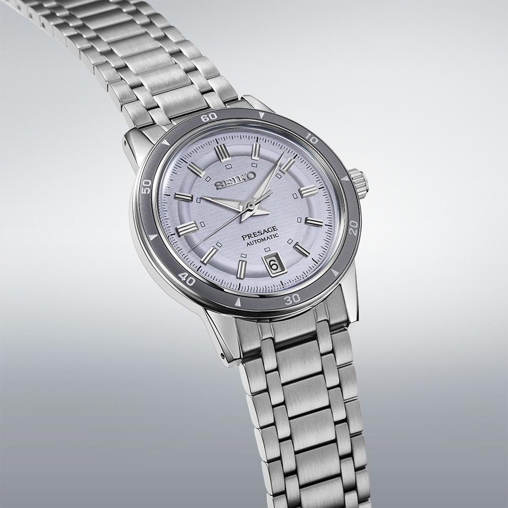 SEIKO Presage Style 60's Automatic Silvery Violet Dial 39.5mm Silver Stainless Steel Bracelet SRPL73J1