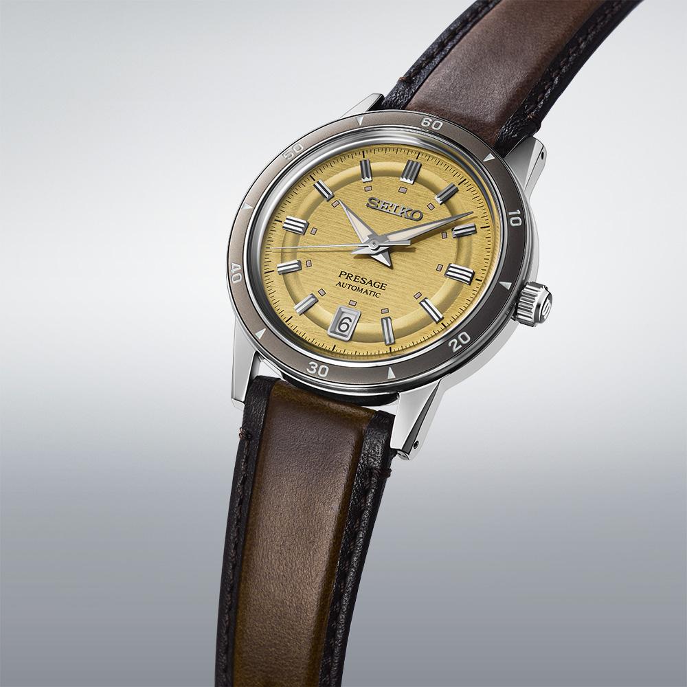 SEIKO Presage Style 60's Automatic Champagne Dial 39.5mm Silver Stainless Steel Brown Leather Strap SRPL75J1