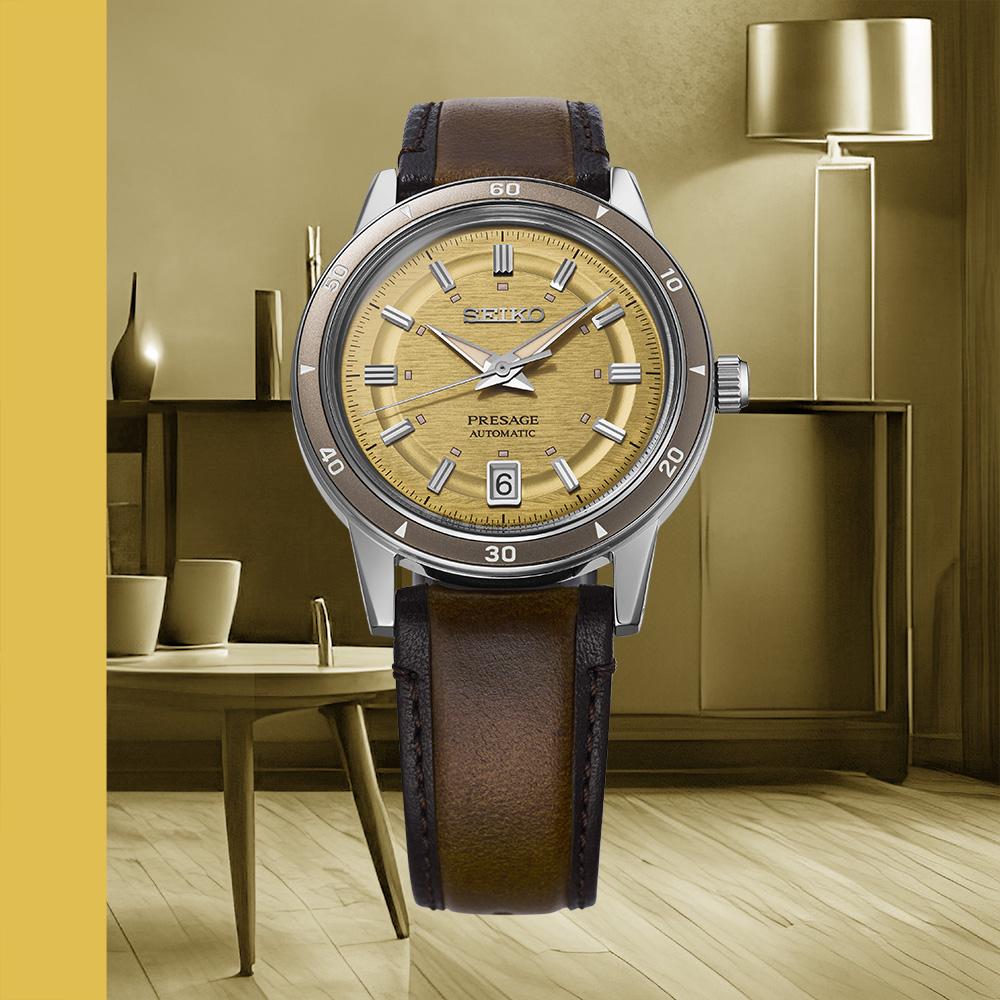 SEIKO Presage Style 60's Automatic Champagne Dial 39.5mm Silver Stainless Steel Brown Leather Strap SRPL75J1