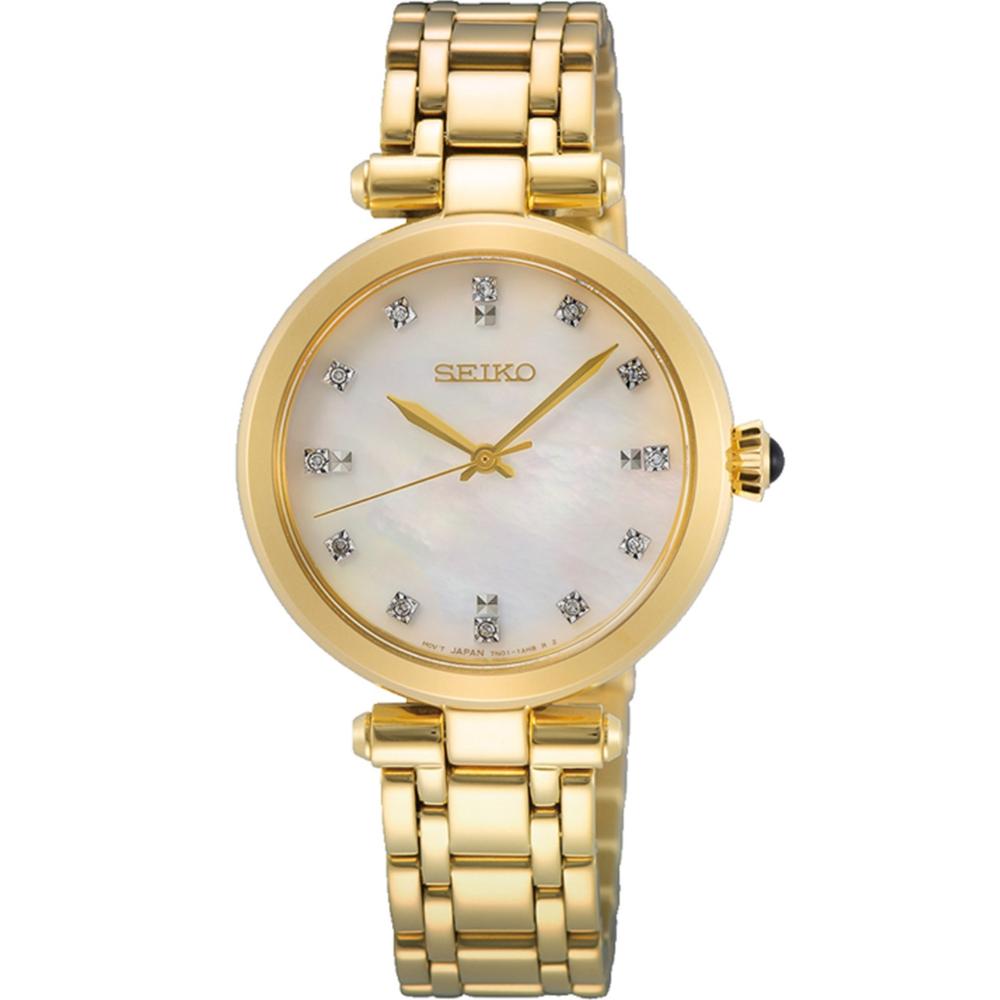 SEIKO Essential Time Pearl Dial with Diamonds 30mm Gold Stainless Steel Bracelet SRZ536P1