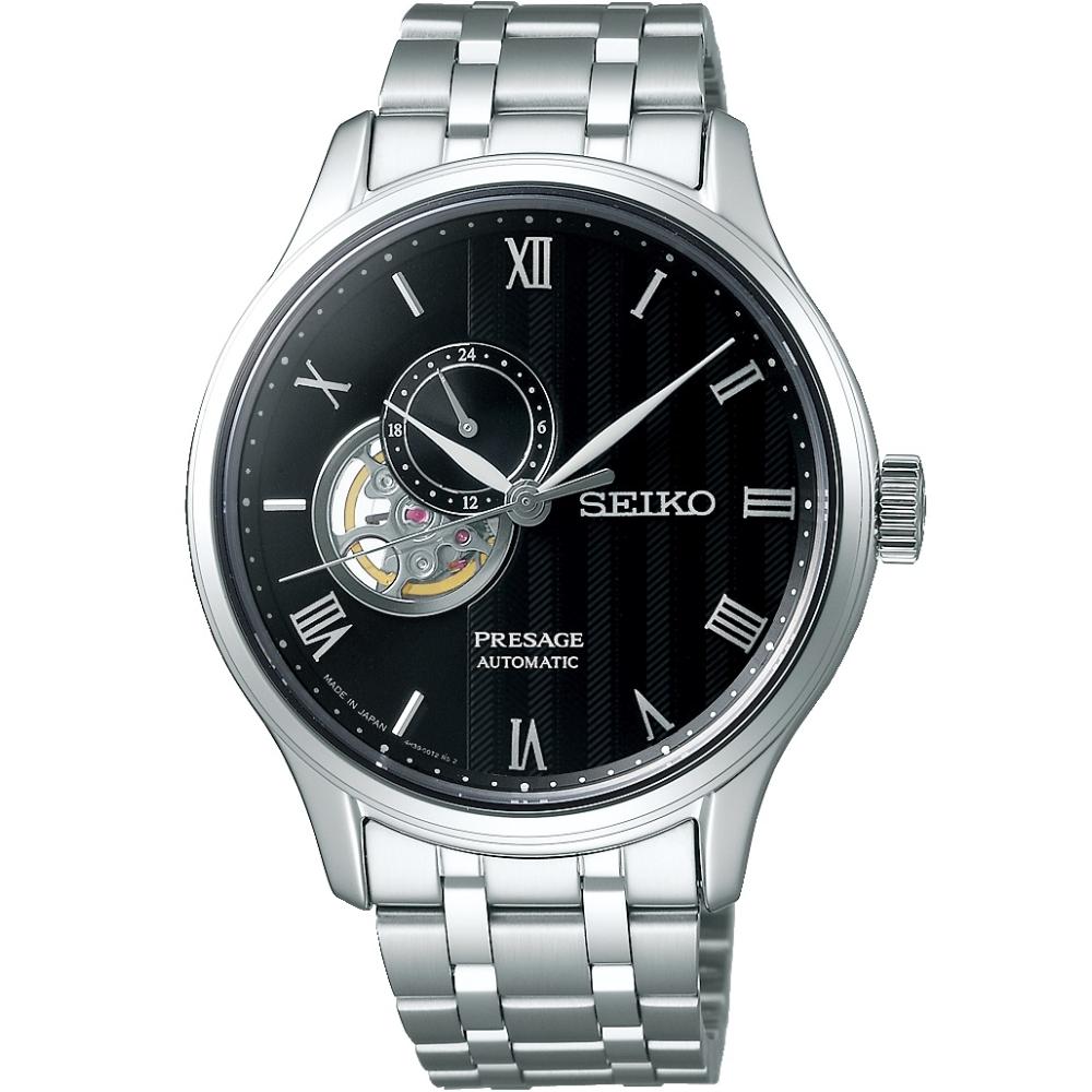 SEIKO Presage ‘Japanese Zen Gardens’ Open Heart Automatic Black Dial 41.8mm Silver Stainless Steel Bracelet SSA377J1