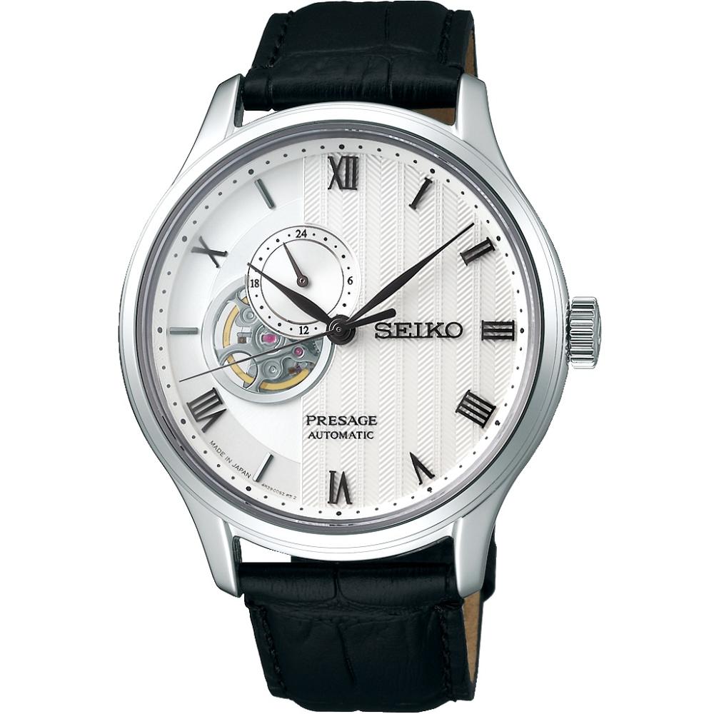 SEIKO Presage Zen Garden Automatic White Dial 41.8mm Silver Stainless Steel Black Leather Strap SSA379J1