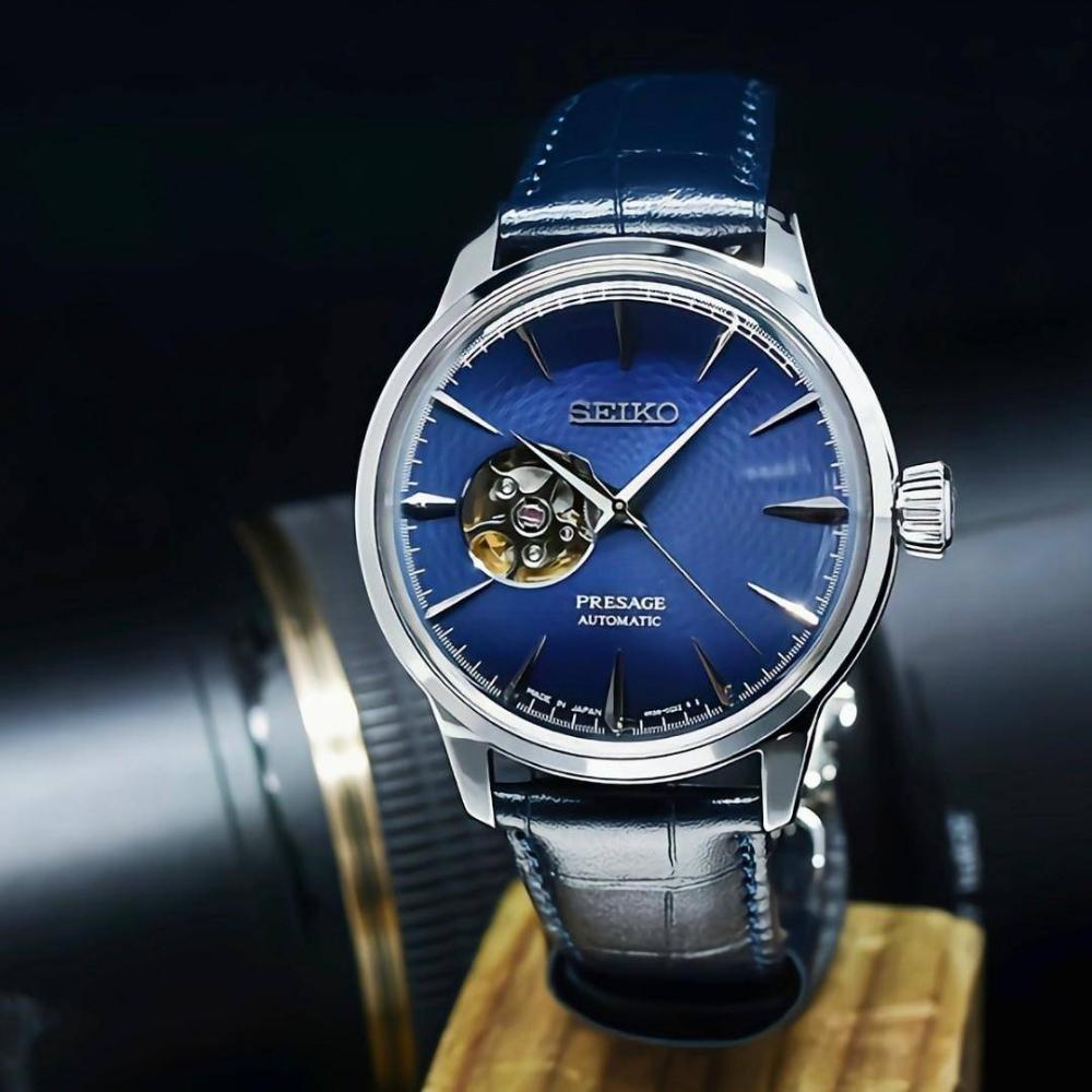 SEIKO Presage Cocktail Time ‘Blue Moon’ Automatic 40.5mm Silver Stainless Steel Blue Leather Strap SSA405J1