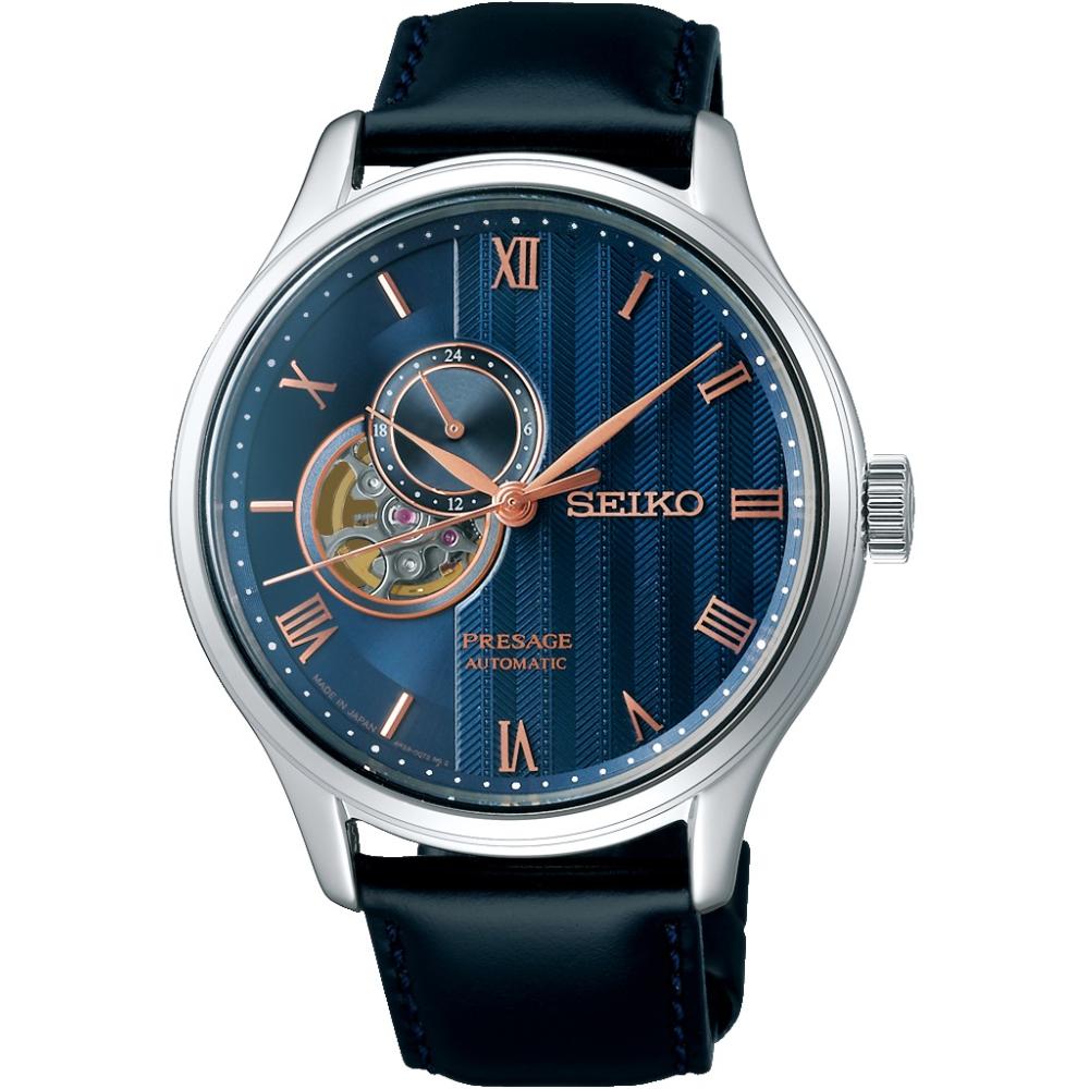 SEIKO Presage Zen Garden Open Heart Automatic Blue Dial 41.8mm Silver Stainless Steel Black Leather Strap SSA421J1