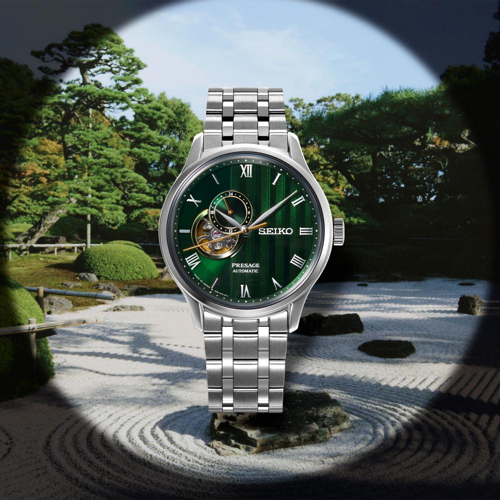 SEIKO Presage ‘Japanese Zen Gardens’ Open Heart Automatic Green Dial 41.8mm Silver Stainless Steel Bracelet SSA463J1