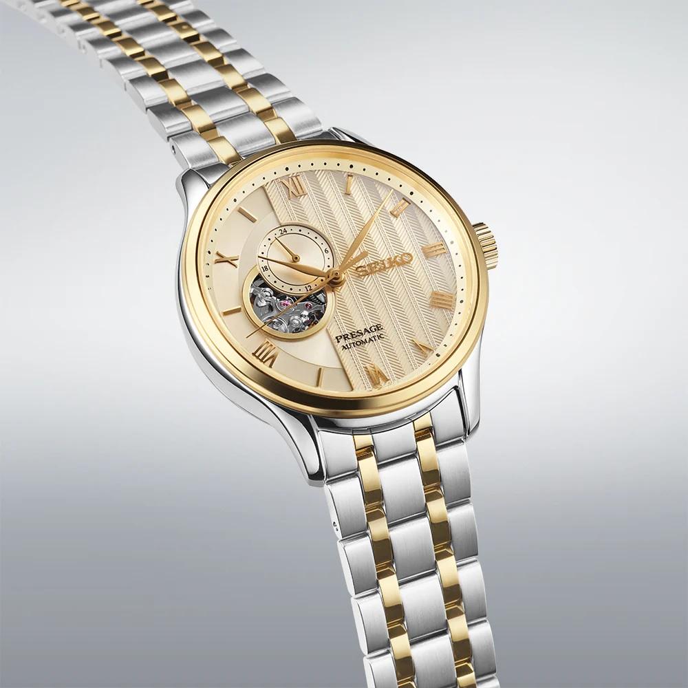 SEIKO Presage ‘Japanese Zen Gardens’ Open Heart Automatic Gold Dial 41.8mm Two Tone Gold Stainless Steel Bracelet SSA464J1