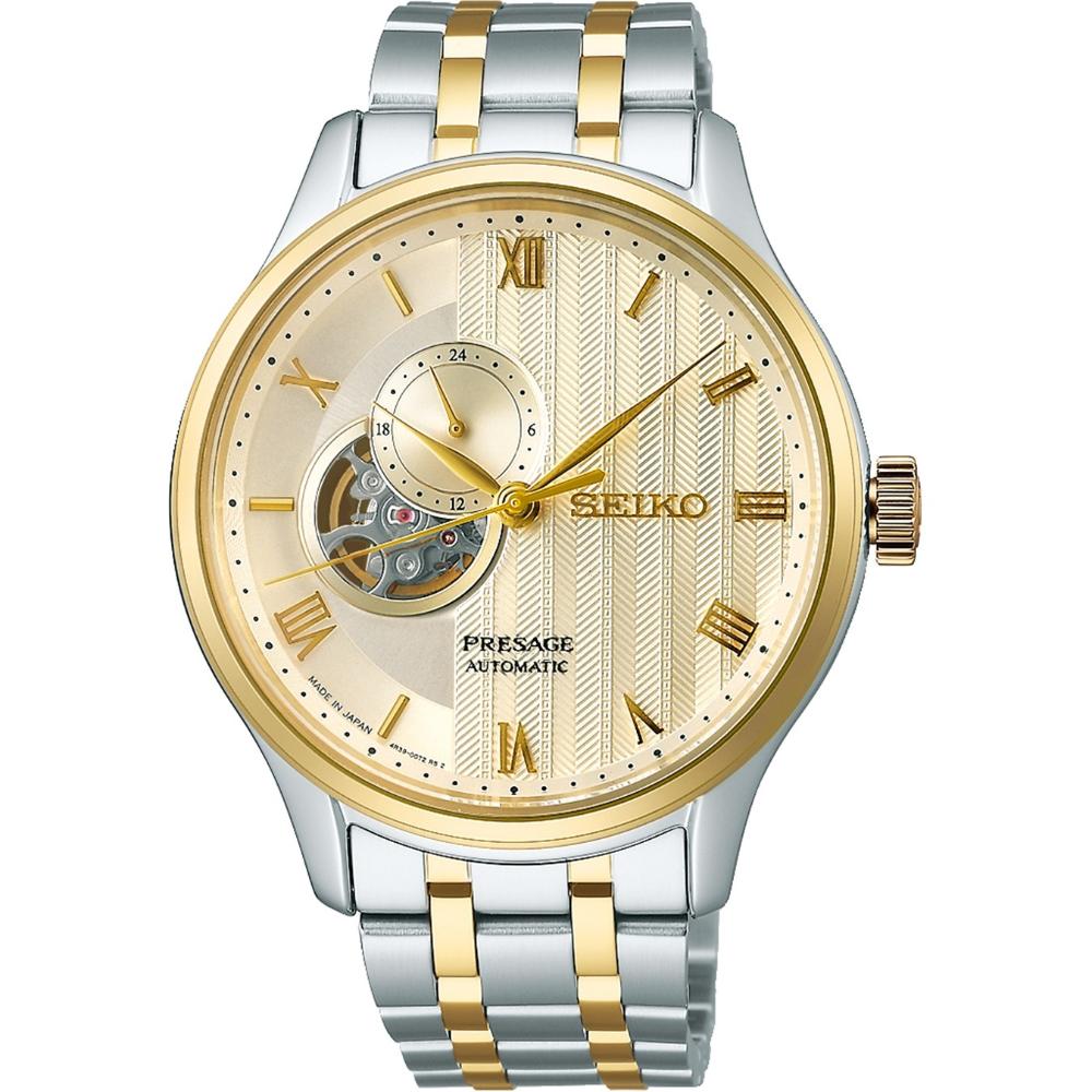 SEIKO Presage ‘Japanese Zen Gardens’ Open Heart Automatic Gold Dial 41.8mm Two Tone Gold Stainless Steel Bracelet SSA464J1