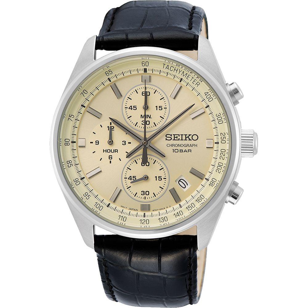 SEIKO Conceptual Series Chronograph Ivory Dial 41.5mm Silver Stainless Steel Black Leather Strap SSB383P1