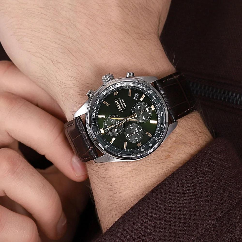 SEIKO Conceptual Series Chronograph Green Dial 41.5mm Silver Stainless Steel Brown Leather Strap SSB385P1