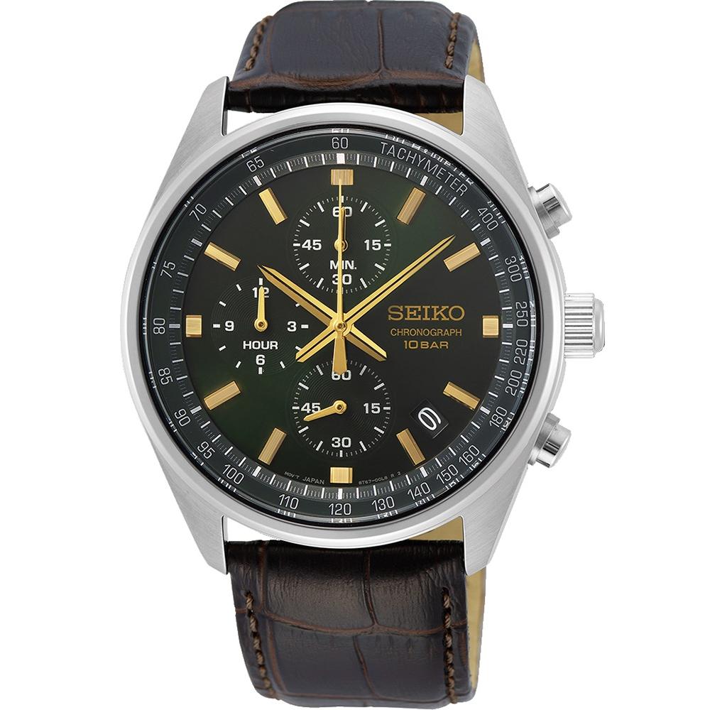 SEIKO Conceptual Series Chronograph Green Dial 41.5mm Silver Stainless Steel Brown Leather Strap SSB385P1
