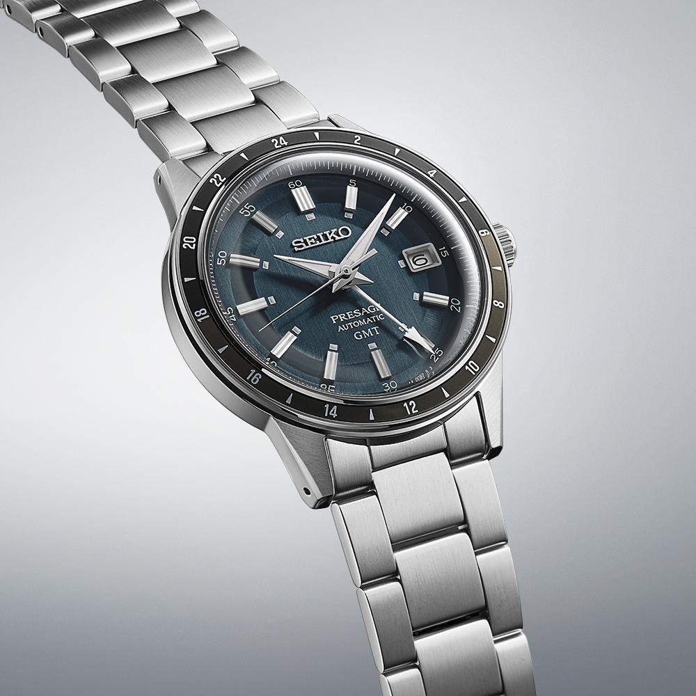 SEIKO Presage 'Petrol Blue' Style 60s Road Trip GMT Automatic 40.8mm Silver Stainless Steel Bracelet SSK009J1