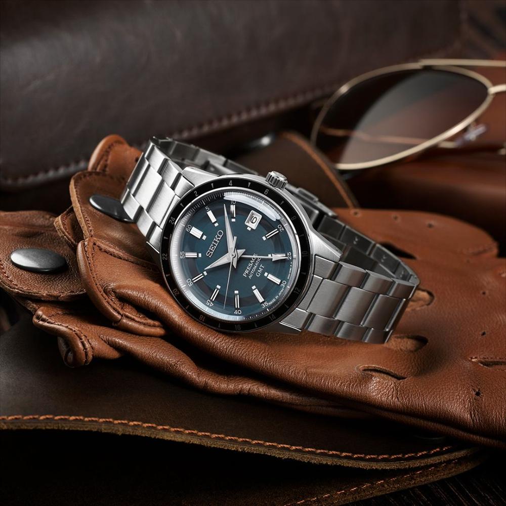 SEIKO Presage 'Petrol Blue' Style 60s Road Trip GMT Automatic 40.8mm Silver Stainless Steel Bracelet SSK009J1