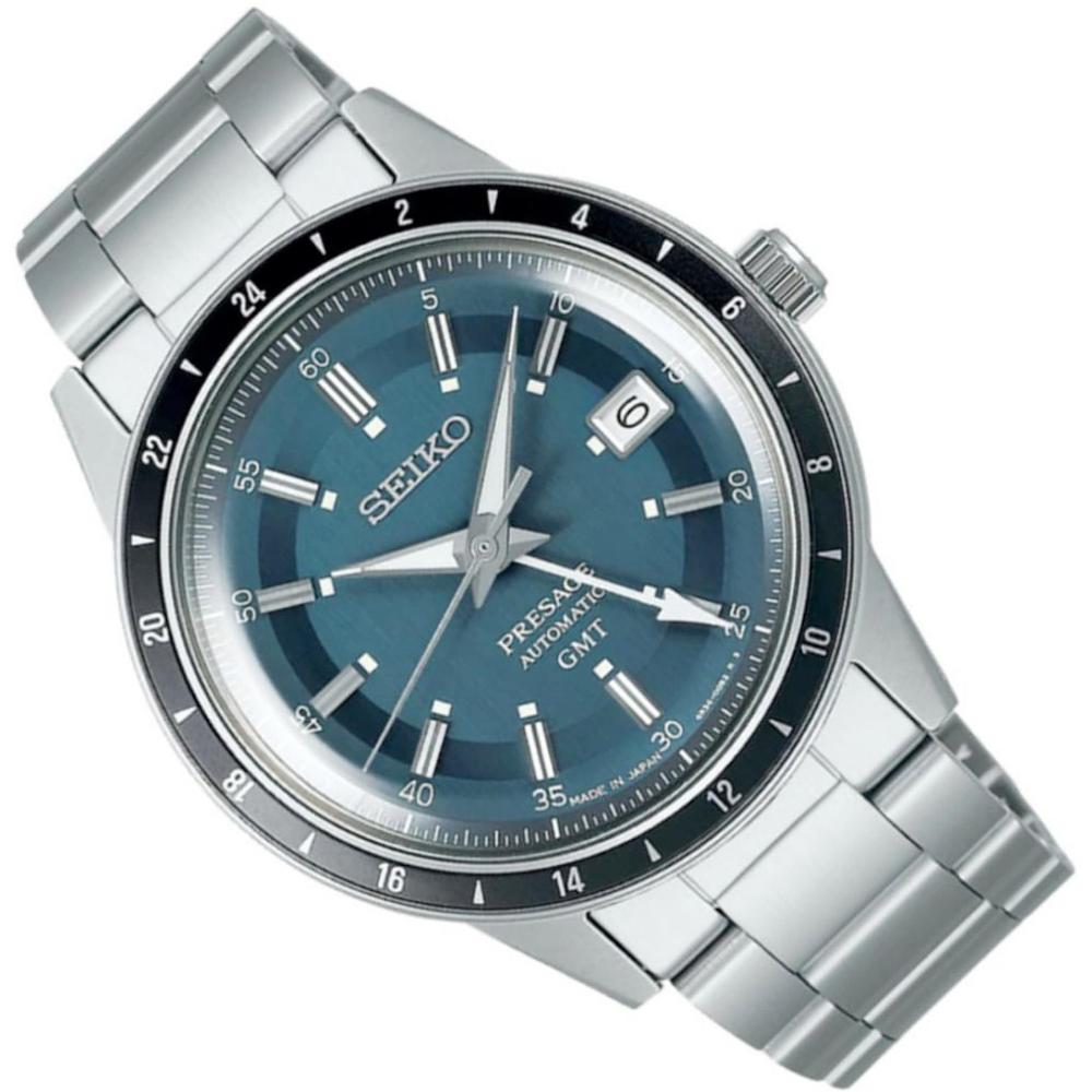 SEIKO Presage 'Petrol Blue' Style 60s Road Trip GMT Automatic 40.8mm Silver Stainless Steel Bracelet SSK009J1