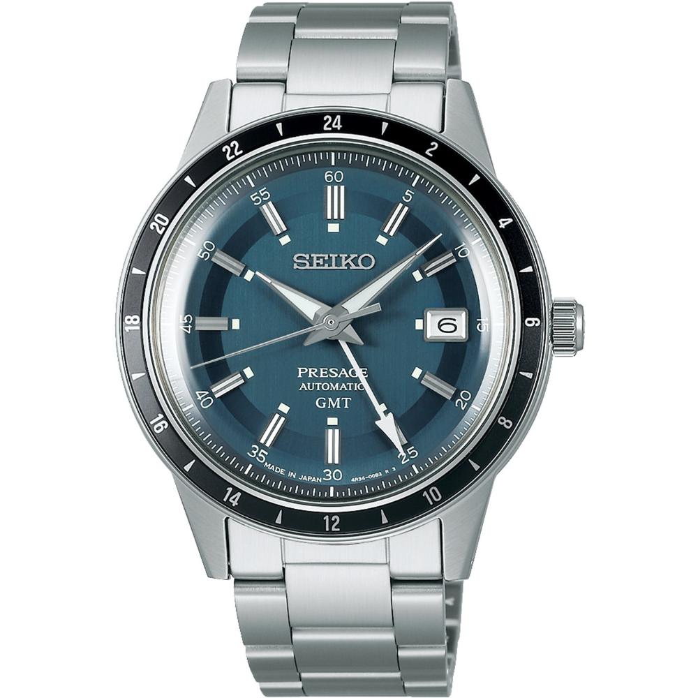 SEIKO Presage 'Petrol Blue' Style 60s Road Trip GMT Automatic 40.8mm Silver Stainless Steel Bracelet SSK009J1