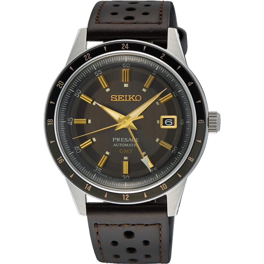 SEIKO Presage 'Fume' Style 60s Road Trip GMT Automatic Grey Dial 40.8mm Silver Stainless Steel Brown Leather Strap SSK013J1