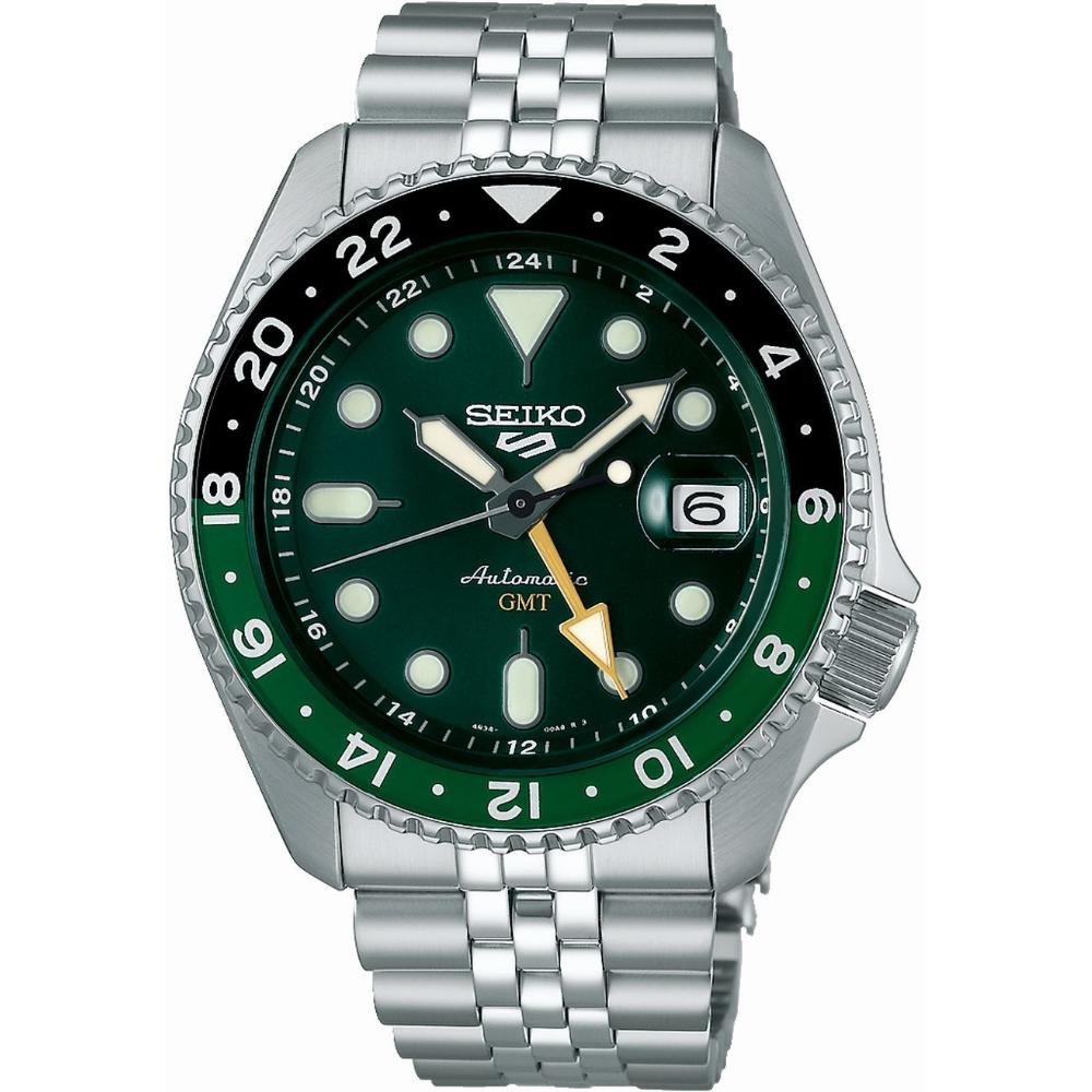 SEIKO 5 Sports GMT SKX Bi-Colour Green Dial 42.5mm Silver Stainless Steel Bracelet SSK035K1