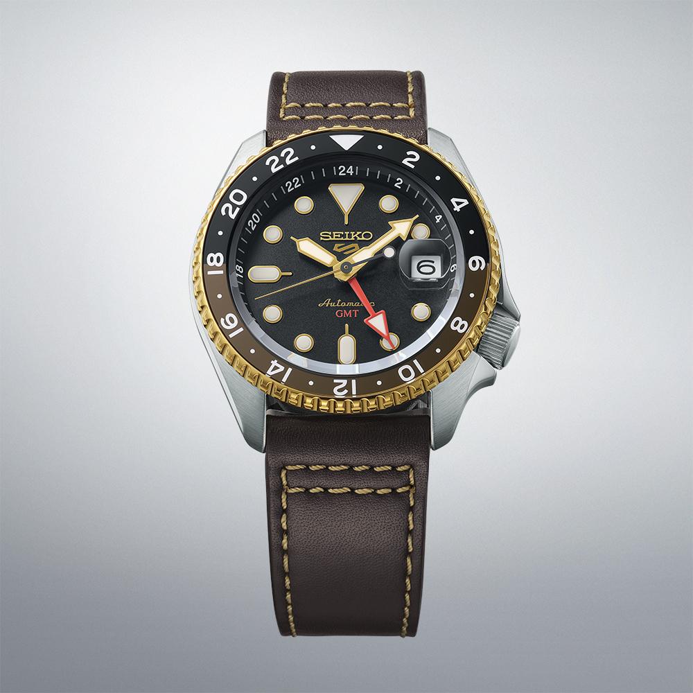 SEIKO 5 Sports GMT SKX in Mocha Black Dial 42.5mm Silver Stainless Steel Brown Leather Strap SSK036K1