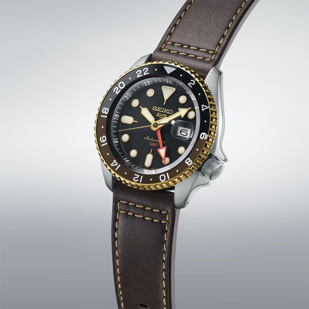 SEIKO 5 Sports GMT SKX in Mocha Black Dial 42.5mm Silver Stainless Steel Brown Leather Strap SSK036K1