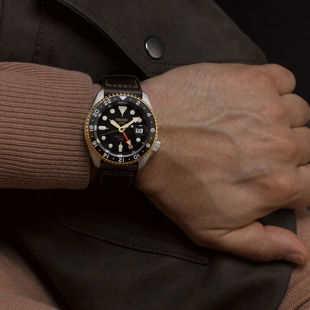 SEIKO 5 Sports GMT SKX in Mocha Black Dial 42.5mm Silver Stainless Steel Brown Leather Strap SSK036K1