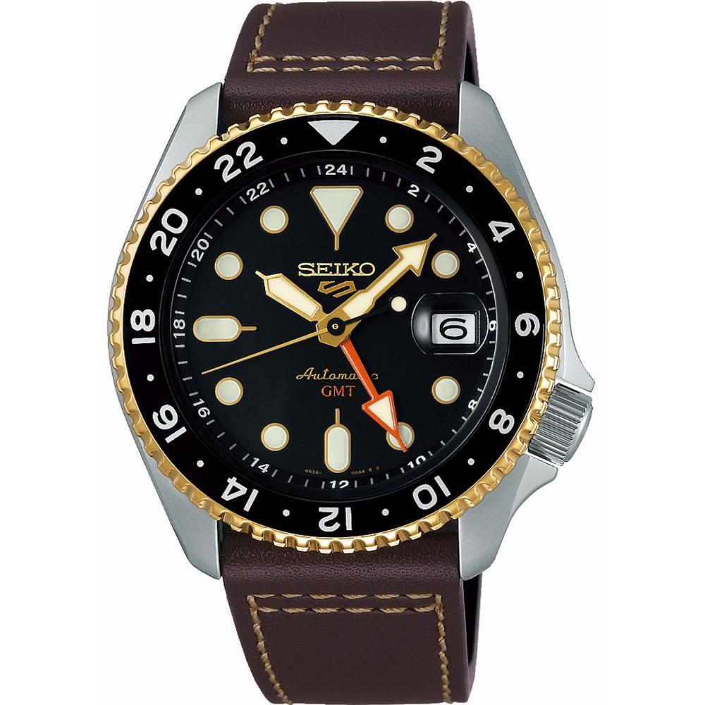 SEIKO 5 Sports GMT SKX in Mocha Black Dial 42.5mm Silver Stainless Steel Brown Leather Strap SSK036K1