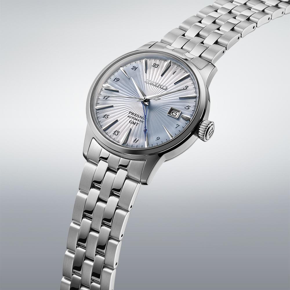 SEIKO Presage 'Skydiving' Cocktail Time GMT Automatic Blue Dial 40.5mm Silver Stainless Steel Bracelet SSK037J1