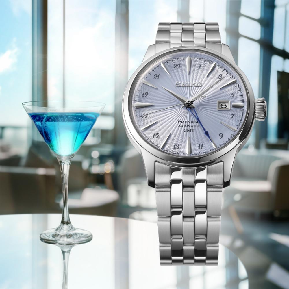 SEIKO Presage 'Skydiving' Cocktail Time GMT Automatic Blue Dial 40.5mm Silver Stainless Steel Bracelet SSK037J1