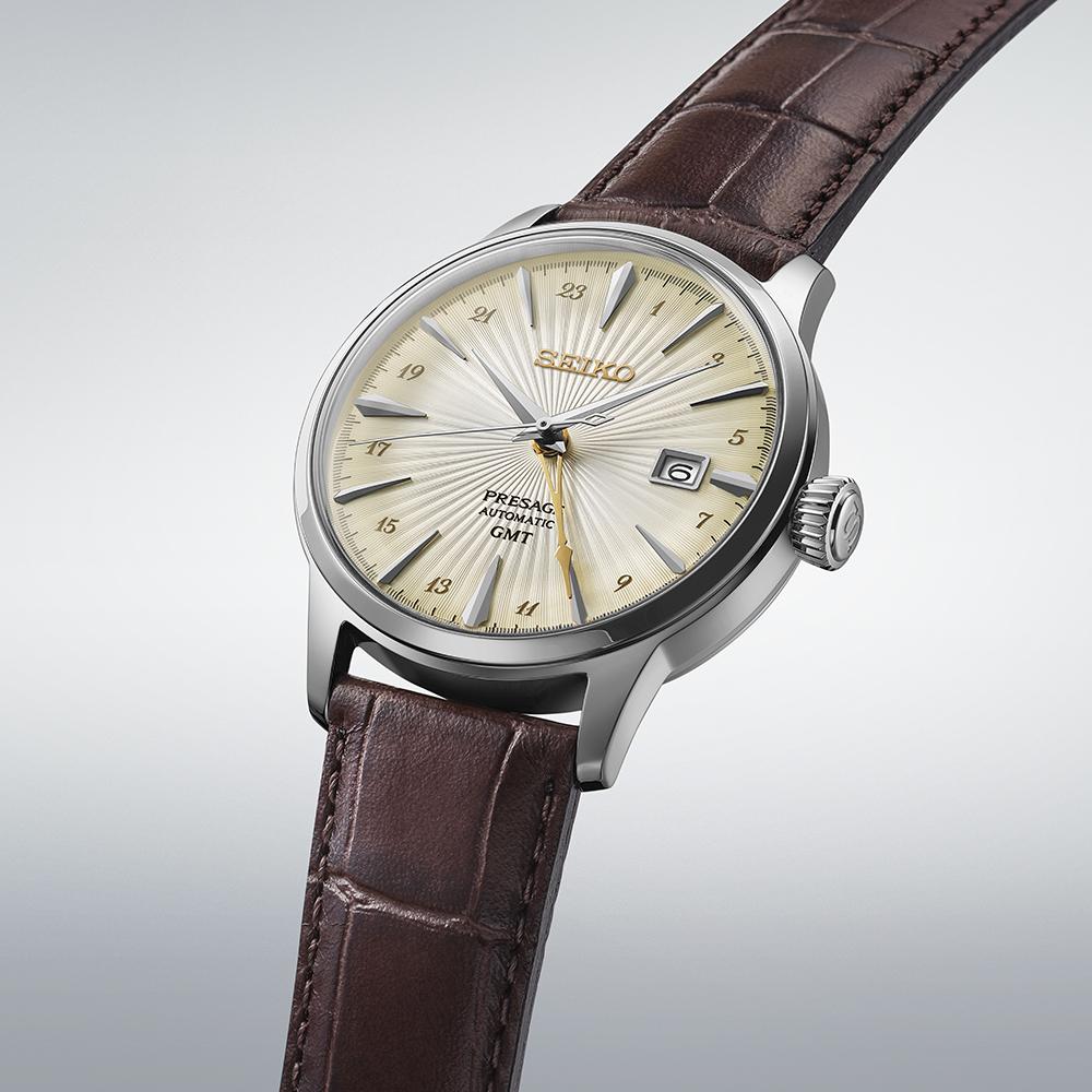 SEIKO Presage 'Acacia' Cocktail Time GMT Automatic Beige Dial 40.5mm Silver Stainless Steel Brown Leather Strap SSK041J1